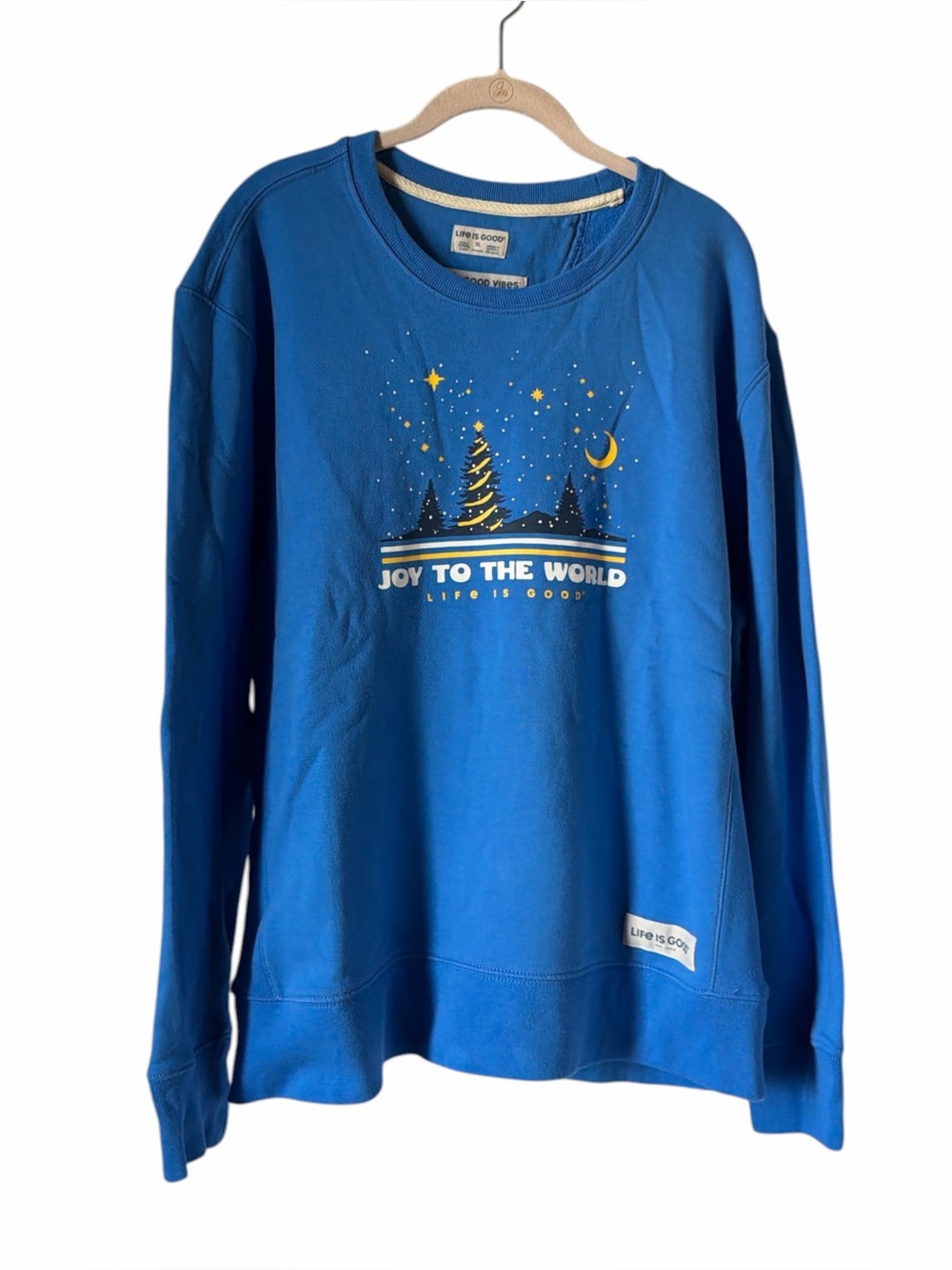 Life Is Good Blue 'Joy to the World' Sweatshirt Christmas Holiday 100% Cotton